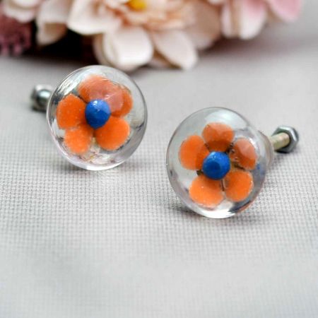 Orange Flower Engraved Glass Almirah Knobs
